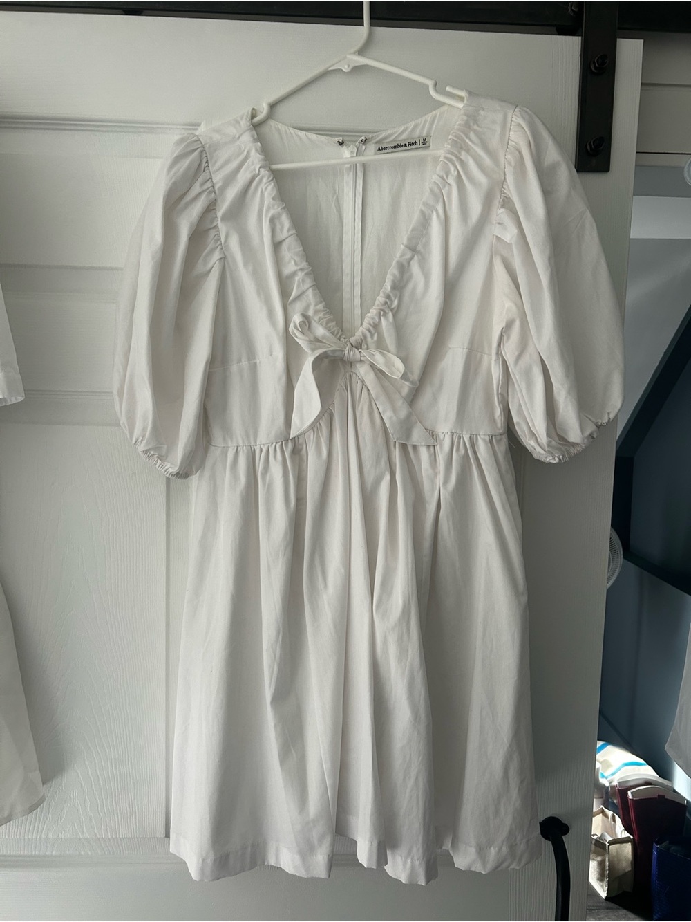 Abercrombie & Fitch White Tie-Front Puff Sleeve Mini Dress
